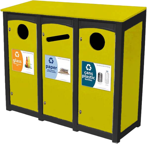 easycare emerald triple 18 gallon square recycling bin with yellow panels