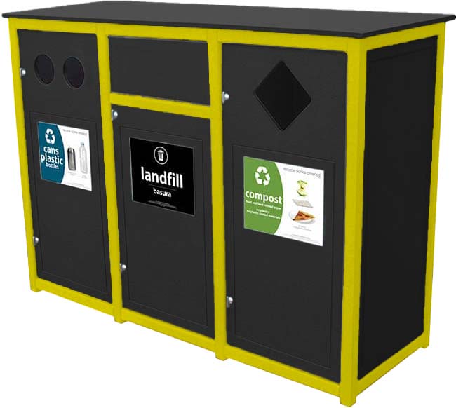 easycare spruce triple 32 gallon square recycling bin with yellow frame