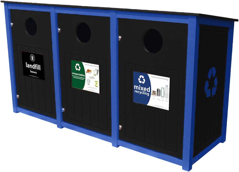 easycare hunter triple 45 gallon square recycling bin with blue frame