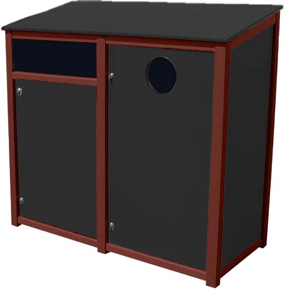 easycare hunter double 55 gallon square recycling bin with cherrywood frame
