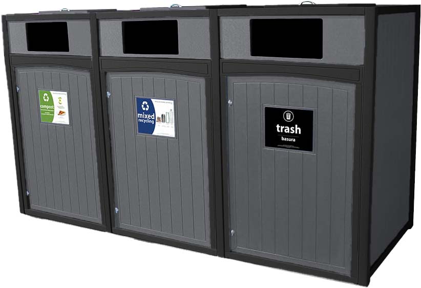 easycare emerald triple 96 gallon roll cart recycling bin with gray panels