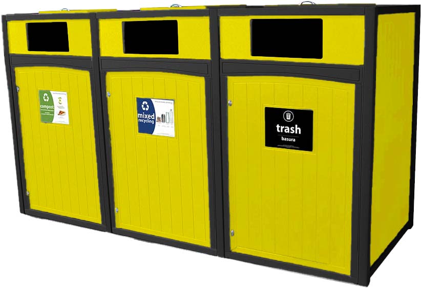 easycare emerald triple 96 gallon roll cart recycling bin with yellow panels