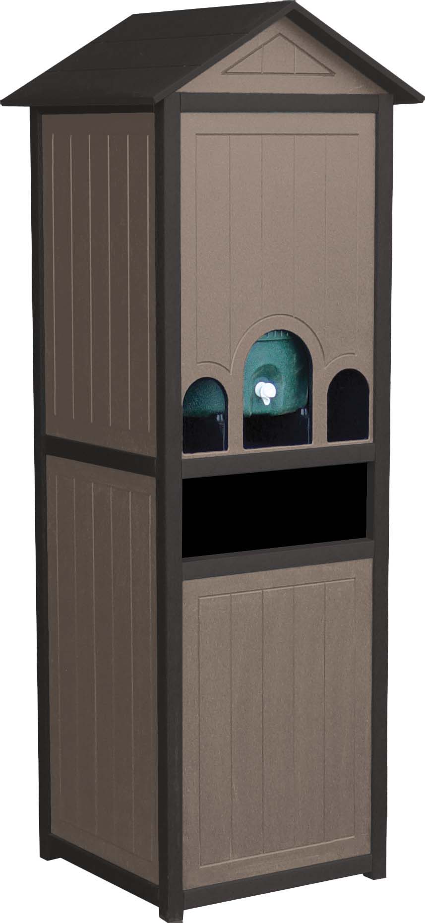 easycare spruce water cooler enclosure with waste and recycling with weatherwood panels