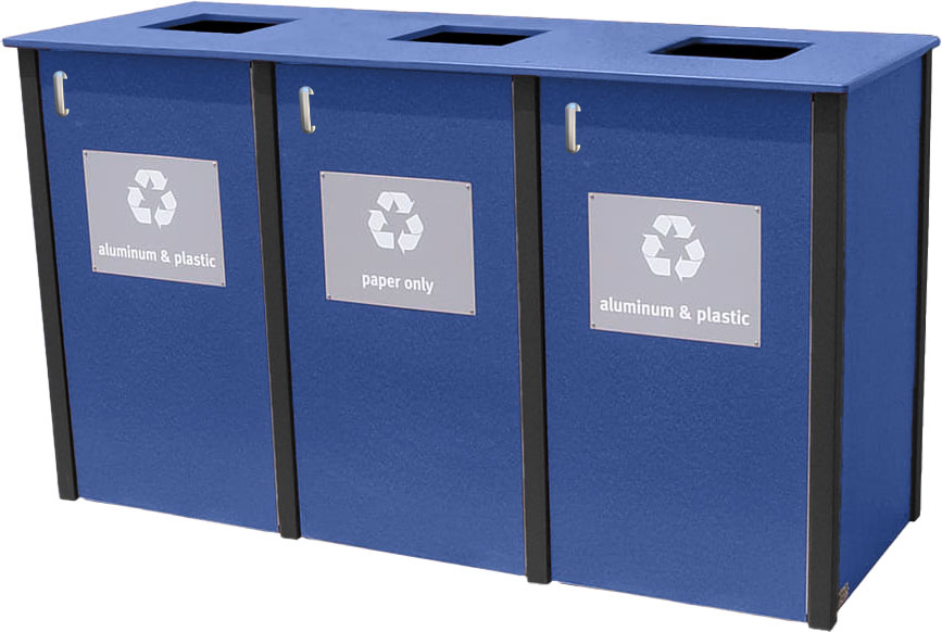 easycare brunswick triple 32 gallon square recycling bin with blue panels
