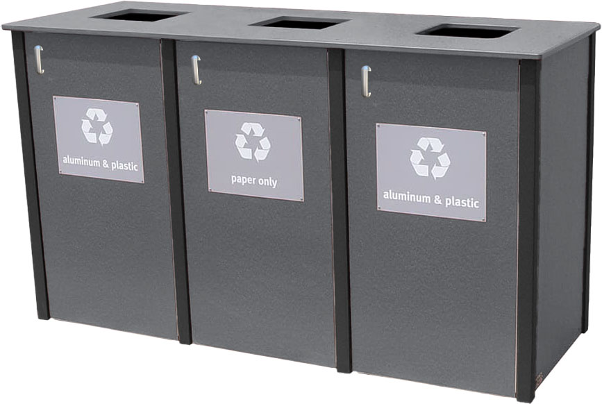 easycare brunswick triple 32 gallon square recycling bin with gray panels